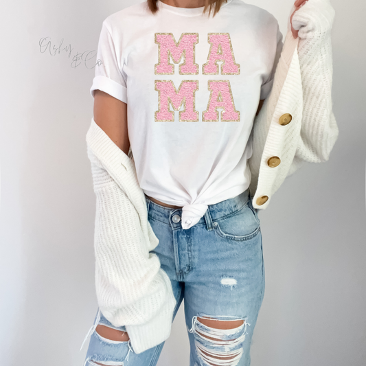 MAMA Faux Glitter & Patch Print Tee